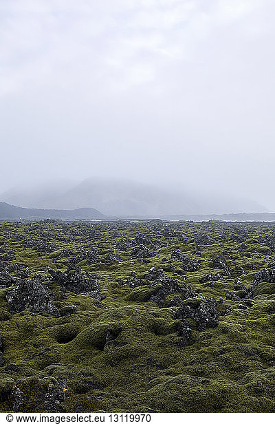 Landschaftliche Ansicht der Lava-Ebene vor bewölktem Himmel