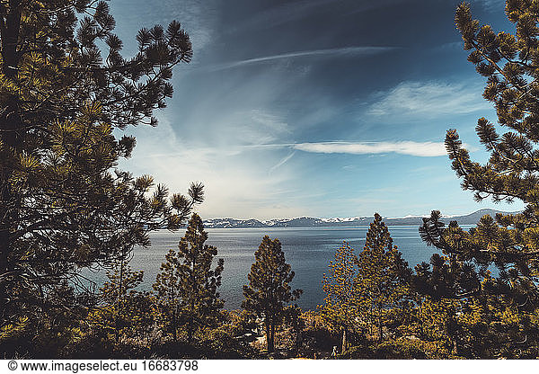 Landschaftsaufnahme des Lake Tahoe durch Pinienbäume gegen einen dramatischen Himmel