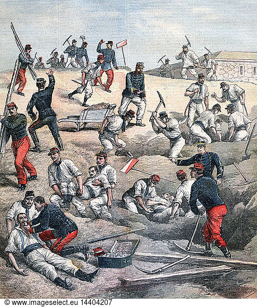 Landslide at Fort d"Aubervilliers  Ile-de-France: Rescuing men buried by moving sandy soil. Five men died. From "Le Petit Journal"  Paris  11 June 1892.