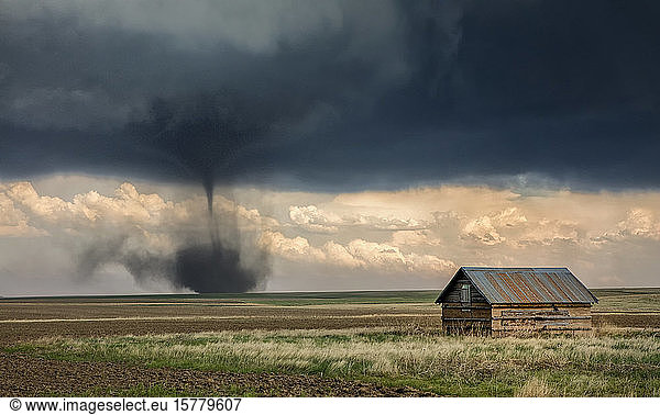Landspout-Tornado-Hybride im Flachland  Scheune im Vordergrund  Cope  Ost-Colorado  USA