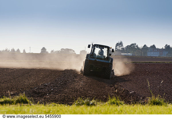 Landwirt mit Traktor bei der Feldarbeit  Dreieichenhain  Hessen  Deutschland  Europa