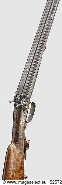 LANGWAFFEN MODERNE JAGDWAFFEN  Damast-Doppelflinte  Rieger in MÃ¼nchen um 1870. Kal. 16/65  Nr. 15991. WunderschÃ¶n gemusterte  blanke  leicht narbige DamastlÃ¤ufe  hinteres Drittel achtkantig und gekehlt  goldene Schienensignatur 'RIEGER IN MÃœNCHEN'  LauflÃ¤nge 75 cm. Straffer T-Verschluss mit langem  geradem Unterhebel  Hahnschlosse  edle Distellaubgravuren und feine TierstÃ¼cke. Nussbaum-Halbschaft mit Backe  Fischhaut  hÃ¶lzerner Fingerauflage  Schaftverschneidung (nachtrÃ¤glich?)  Riss vor der eisernen  en suite verzierten Kappe und Druckstellen  Abstand vorderer Abzug - Mitte Schaftkappe 35 cm  zwei RiemenbÃ¼gel. GesamtlÃ¤nge 117 cm. Erwerbsscheinpflichtig