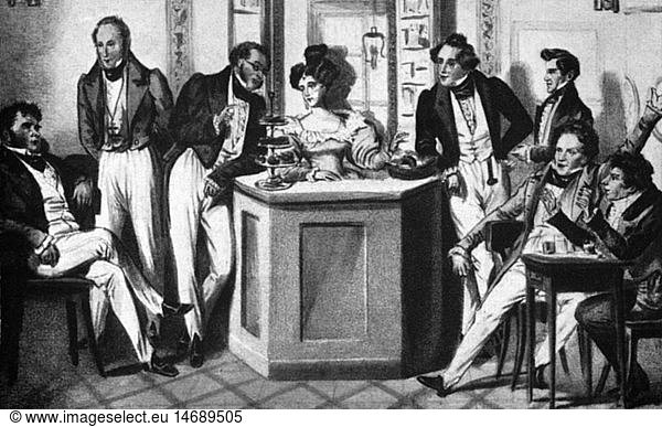 Lanner  Joseph  11.4.1801 - 14.4.1843  Austrian composer  scene  with Johann Strauss I and Ferdinand Raimund in a coffeehouse in Vienna  lithograph  19th century