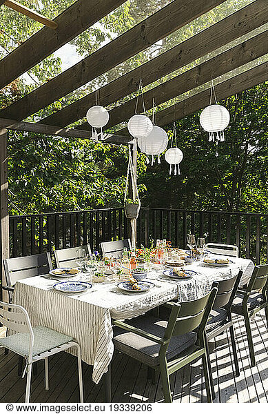 Lanterns hanging over dining table at patio