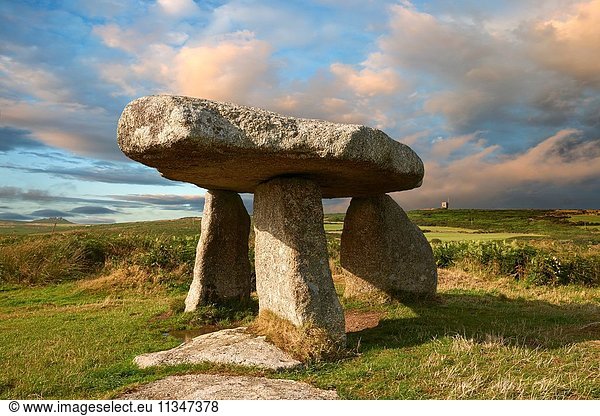 Lanyon Quoit is a megalithic burial dolmen from the Neolithic period  circa 4000 to 3000 BC  near Morvah on the Penwith peninsula  Cornwall  England.