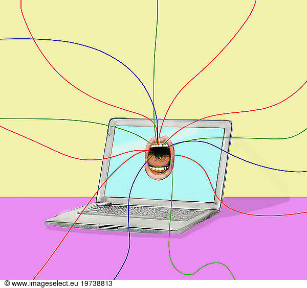 Laptop with screaming mouth and multi colored wires