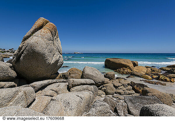 Large boulders and sandy beach at Clifton Beach on the Atlantic Ocean in Cape Town; Cape Town  Western Cape  South Africa