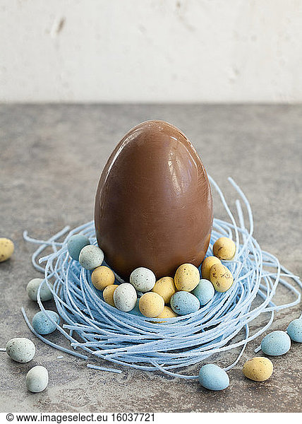 Large chocolate Easter egg  sitting in a blueberry candy nest  filled with mini chocolate eggs