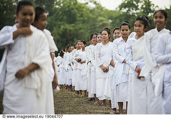 Large group of Buddhist nuns during the celebration of the Visak Bochea at the Angkor Wat temple  Siem Reap  Cambodia.