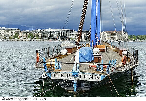 Large sailboat  Lake Geneva  View of Geneva  Lake Geneva  Geneva  Switzerland  Europe