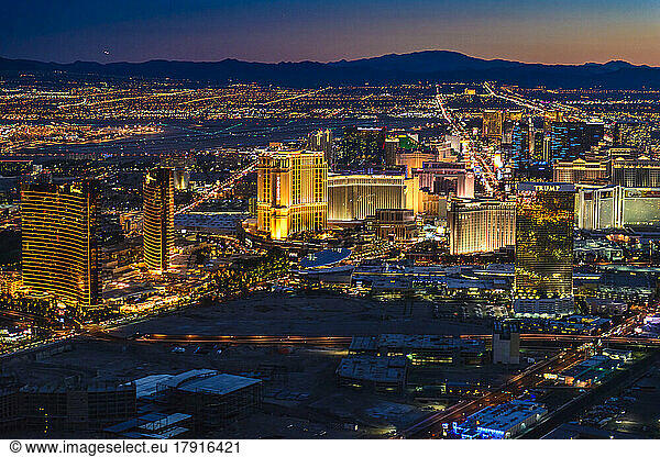 Las Vegas cityscape at dusk.