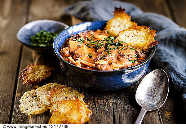 Lasagna soup  deconstructed lasagna served as soup  with parmesan crisps