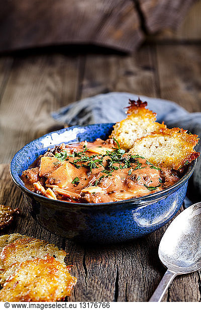Lasagna soup  deconstructed lasagna served as soup  with parmesan crisps