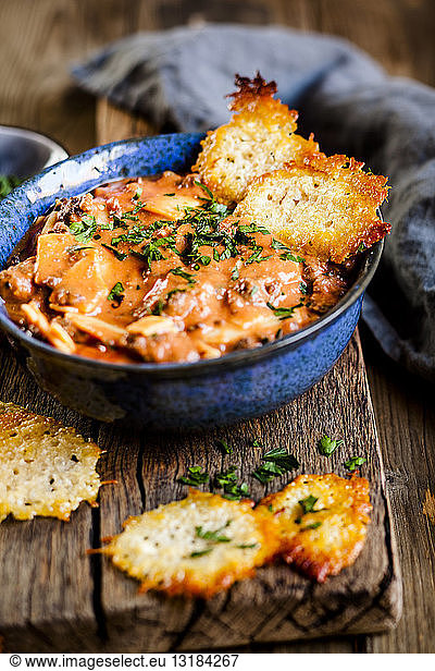 Lasagna soup  deconstructed lasagna served as soup  with parmesan crisps