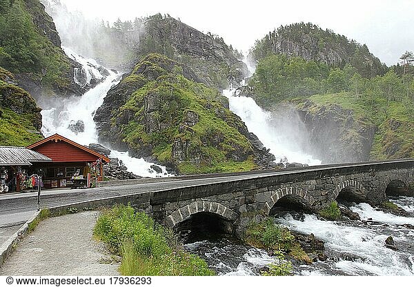 Latefoss waterfall with souvenir shop by the road  Vestland Province  Norway  Scandinavia  Europe