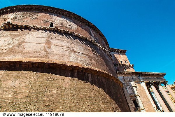 Lateral View of the The Pantheon Italian  La Rotonda  built around 118-125 AD  since 609 AD Catholic Church  Rome  Italy.