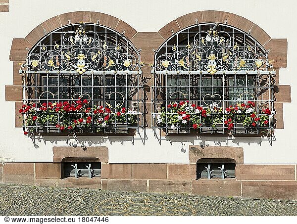 Latticed windows with decorative elements  New Town Hall on Rathausplatz  Freiburg im Breisgau  Baden-Württemberg  Germany  Europe
