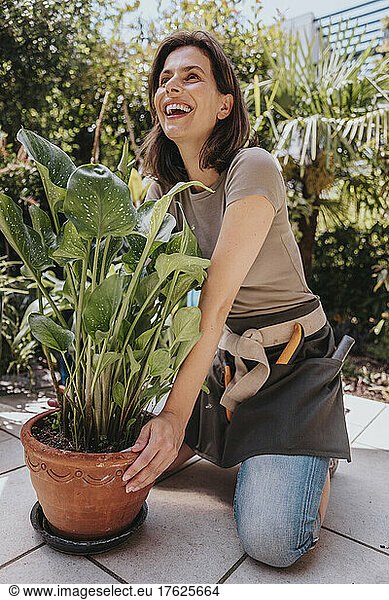 Laughing gardener kneeling by potted plant in garden