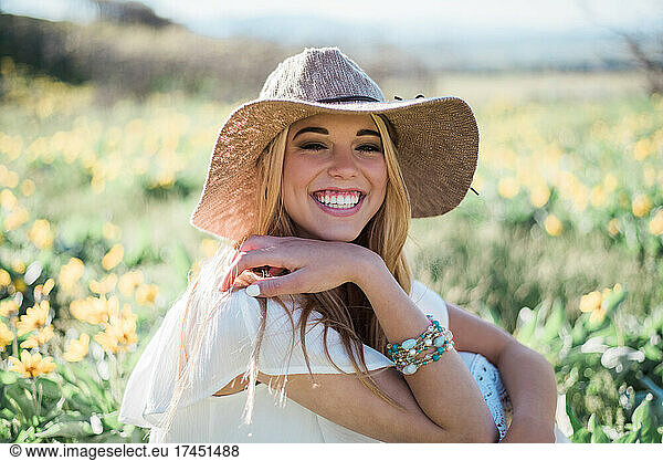 Laughing Genuine Authentic Happiness Young Woman in Flowers