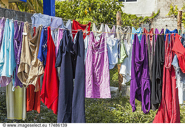 Laundry. Clothing hanging out to dry on a line