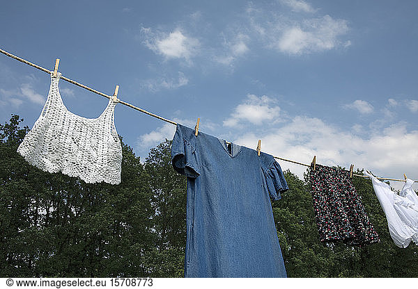 Laundry drying on clothesline in nature