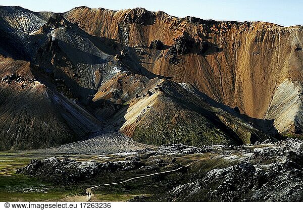 Lava rock  mountains  colored mountainsides  black lava tongue  Landmannalaugar  Fjallabaksleið  highlands  Central Iceland  Iceland  Europe