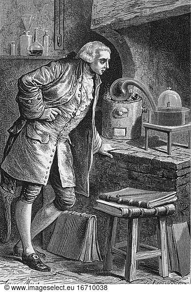 Lavoisier  Antoine Laurent de; French chemist; 1743–1794. “Analysis of air by Lavoisier . Woodcut after drawing by Adrien E.Marie
(1848–91). Fr.: W.Schütte  Das Reich der Luft  Leizig (F.Brandstetter)
1875  aft. p. 34.