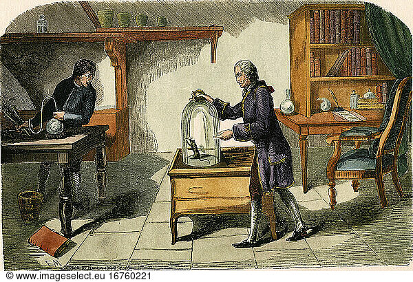 Lavoisier  Antoine Laurent de 
1743–1794 
French chemist. Lavoisier’s experiments with oxygen and it’s effect on life. Wood engraving  French  19th Century.
Coloured at a later stage.
