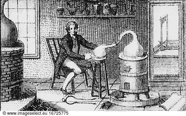 Lavoisier  Antoine Laurent de; French chemist; Paris 26.8.1743 – (executed)
ibid. 8.5.1794. Lavoisier in his laboratory (in the background a guillotine). Copper engraving  anonymous  London  19
December 1812.
Paris  Bibliothèque Nationale.