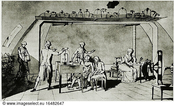 Lavoisier  Antoine Laurent de French chemist 
Paris 26.8.1743 – Paris 8.5.1794. Lavoisier’s laboratory. Washed pen-and-ink drawing by Mme.
Lavoisier (with self-portrait).
c. 1785.