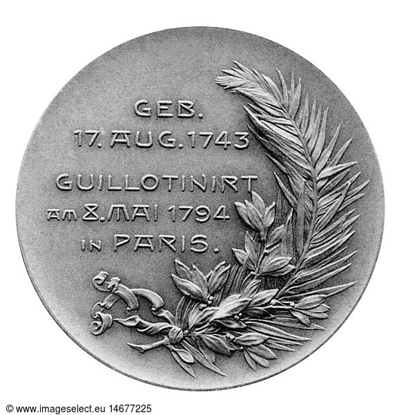 Lavoisier  Antoine Laurent  26.8.1743 - 8.5.1794  French chemist  medal  reverse  Stuttgarter Metallwarenfabrik Mayer & Wilhelm  famous men series  Stuttgart  circa 1900