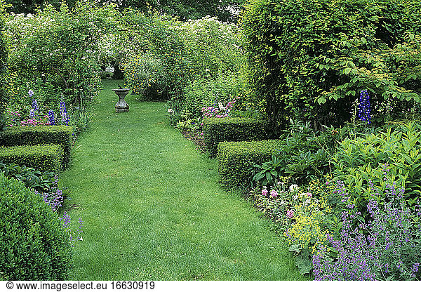 Lawn path  Flower beds  Arbor and Sundial  Ch?teau de Villiers  Cher  France (AE)