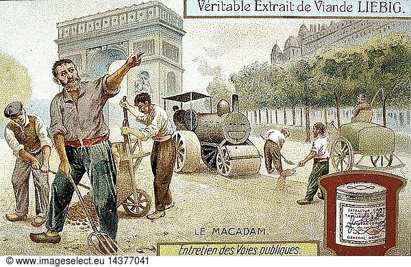 Laying a Macadam road surface and compacting with a steam road roller  Paris street. Workmen are wearing wooden shoes (sabots). Liebig trade card c1900. Chromolithograph