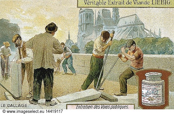 Laying paving slabs in a Paris street. In the background is the cathedral of Notre Dame. Workmen are using crowbars to lever the slabs into place. Liebig trade card c1900. Chromolithograph