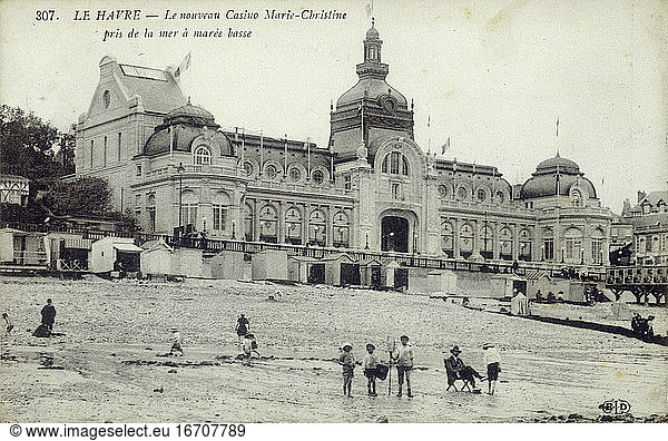 Le Havre (Dép. Seine-Maritime  Normandy  France)  Casino Marie-Christine
(new building 1912; closed in 1960). “LE HAVRE – Le nouveau Casino Marie-Christine pris de la mer à marée basse (exterior view as seen from the seaside during low tide). Picture postcard (autotype after photograph)  c. 1912.
Paris  Private Collection.