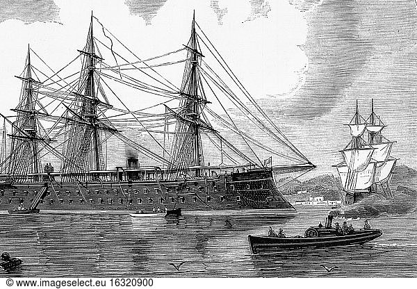 Le Magenta   gepanzertes Schiff der französischen Marine  verbrannt auf der Reede von Toulon am 31. Oktober 1875. Antike Illustration. 1875.