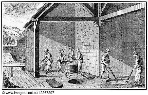 LEATHER MANUFACTURE. An 18th century French copper engraving showing the initial steps in the manufacture of morocco from goatskins. Scraping (fig. 1)  soaking (fig. 2  A B)  and kneading under water (fig. 4).