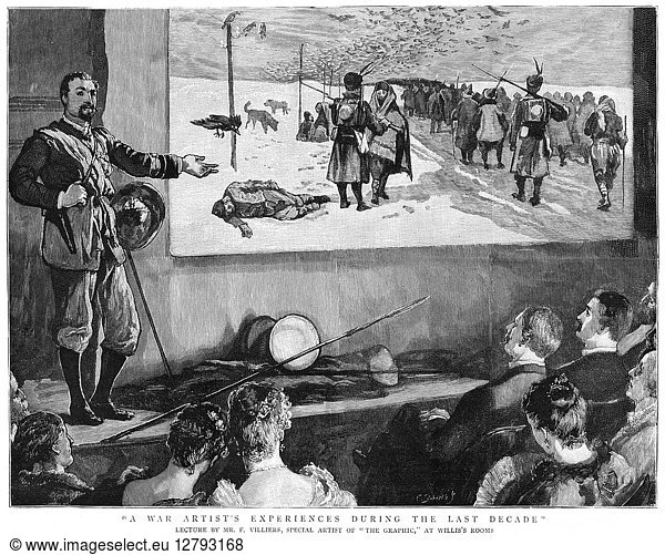 LECTURE: WAR ARTIST  1887. F. Villiers  artist for the English newspaper 'The Graphic' giving a lecture called 'A War Artist's Experiences During the Last Decade' at Almack's Club in London. Engraving  English  1887.