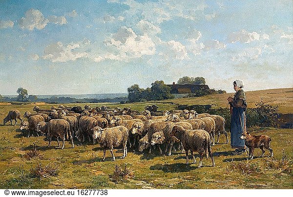 Leemputten Cornelis Van - eine Hirtin mit ihrer Herde - Belgische Schule - 19. Jahrhundert.