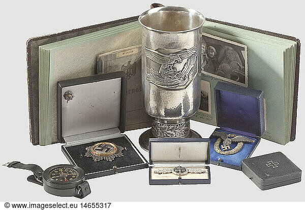 Legacy of pilot Heinrich Richter (1912 - 1972)  a goblet of honour  decorations and Wehrpass from 3./ KG 27 Boelcke German Cross in Gold   maker Deschler ('1') with scribed engraving 'Richter - Fw'  attachment system and enamel repaired  in award presentation case. Included is the rare 16 mm miniature on a pin with maker's punch 'L/12' and a f historic  historical  1930s  20th century  Air Force  branch of service  branches of service  armed service  armed services  military  militaria  air forces  object  objects  stills  clipping  clippings  cut out  cut-out  cut-outs