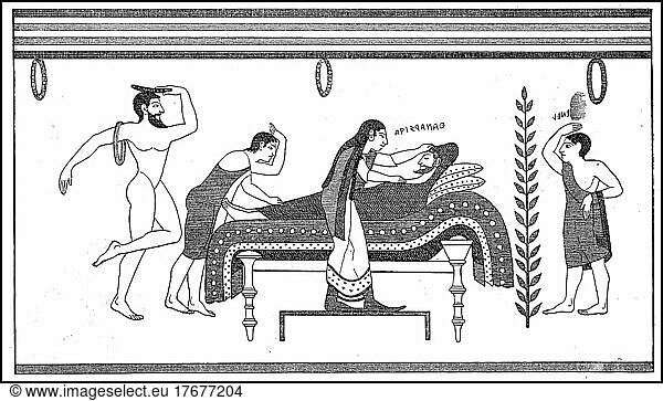 Leichenausstellung  Sterbelager  bei den Etruskern  Totenkult  Darstellung in einem Grab in Taraquinii  Historisch  digital restaurierte Reproduktion einer Vorlage aus dem 19. Jahrhundert  genaues Datum unbekannt