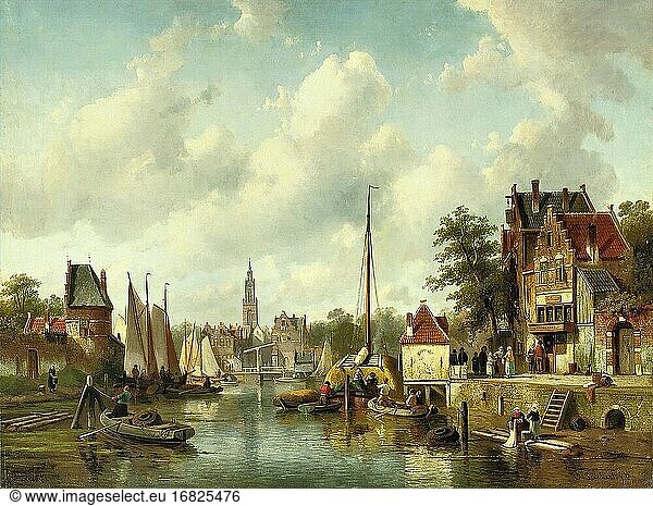 Leickert Charles Henri Joseph - Aktivitäten auf einem belebten Kanal in einer sonnenbeschienenen niederländischen Stadt - Belgische Schule - 19. Jahrhundert.