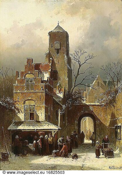 Leickert Charles Henri Joseph - eine Marktszene in einer winterlichen niederländischen Stadt 1 - Belgische Schule - 19. Jahrhundert.