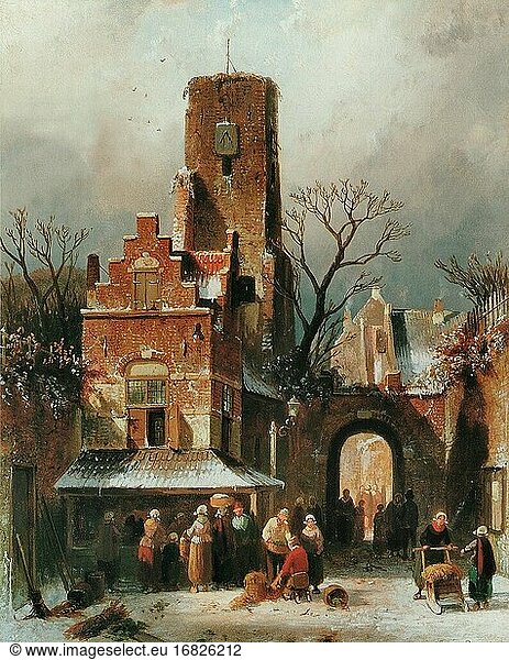 Leickert Charles Henri Joseph - eine Marktszene in einer winterlichen niederländischen Stadt 2 - Belgische Schule - 19. Jahrhundert.