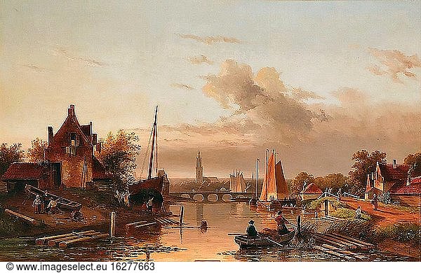 Leickert Charles Henri Joseph - eine niederländische Flusslandschaft in der Abenddämmerung - Belgische Schule - 19. Jahrhundert.