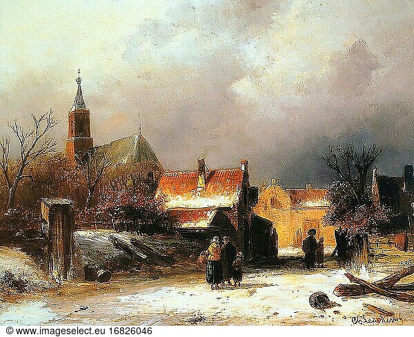 Leickert Charles Henri Joseph - Figuren auf einem schneebedeckten Weg mit einer holländischen Stadt dahinter - Belgische Schule - 19. Jahrhundert.