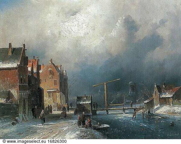 Leickert Charles Henri Joseph - Figuren in einer niederländischen Stadt an einem zugefrorenen Kanal - Belgische Schule - 19. Jahrhundert.