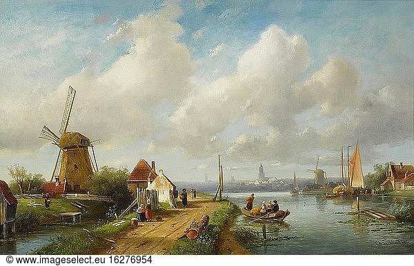 Leickert Charles Henri Joseph - Fischer in einem niederländischen Dorf - Belgische Schule - 19. Jahrhundert.