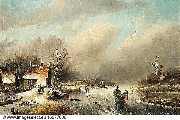 Leickert Charles Henri Joseph - Niederländische Winterlandschaft - Belgische Schule - 19. Jahrhundert.