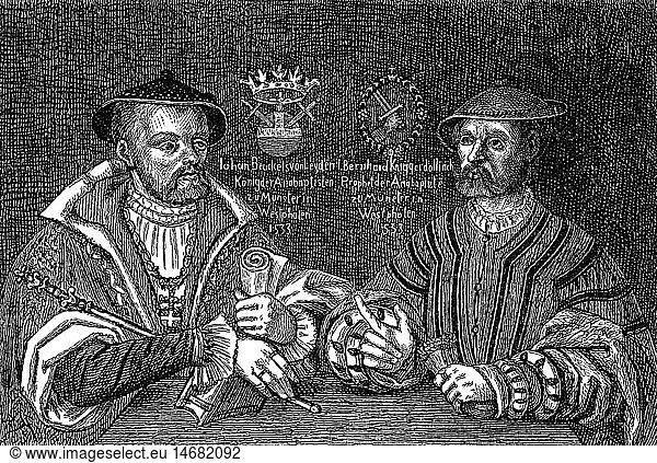 Leiden  Jan van (Johann Bockelson)  1509 - 22.1.1536  niederl. Wanderprediger  AnfÃ¼hrer der WiedertÃ¤ufer in MÃ¼nster 4.4.- 25.6.1535  Halbfigur (links)  mit Bernd Knipperdolling  Xylographie  19. Jh.  nach zeitgenÃ¶ss. GemÃ¤lde